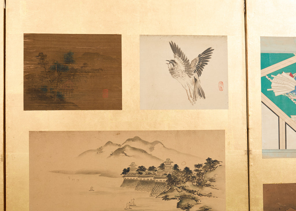 Pair Japanese Edo Six Panel Harimaze Decoupage Screens