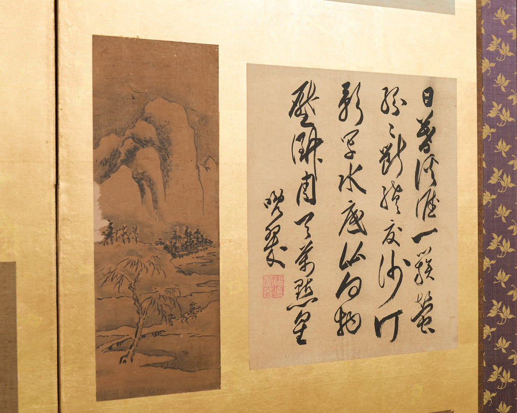 Pair Japanese Edo Six Panel Harimaze Decoupage Screens