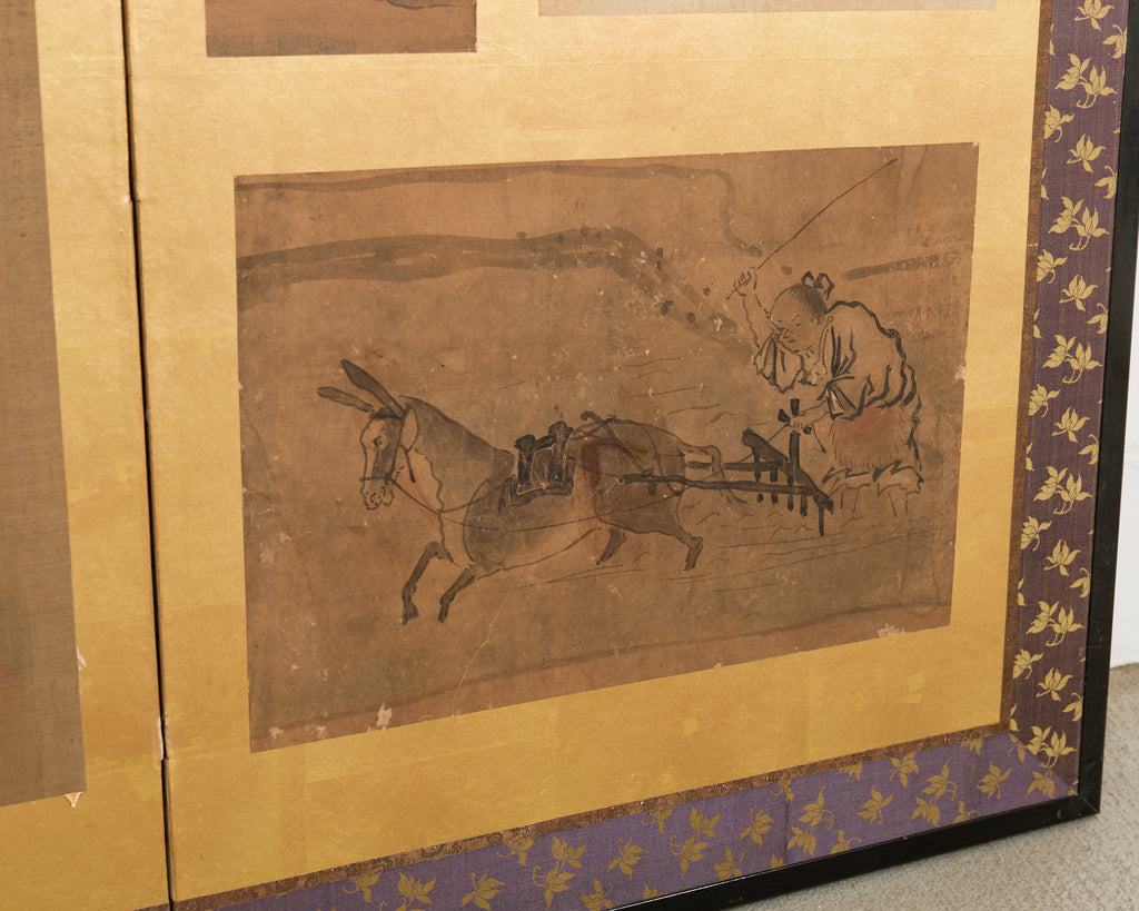 Pair Japanese Edo Six Panel Harimaze Decoupage Screens