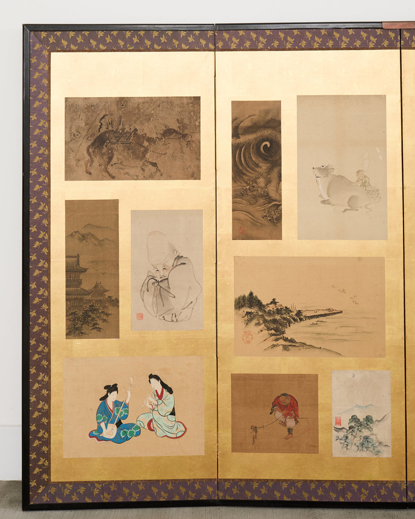 Pair Japanese Edo Six Panel Harimaze Decoupage Screens