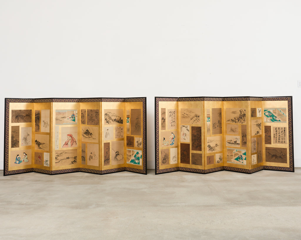 Pair Japanese Edo Six Panel Harimaze Decoupage Screens