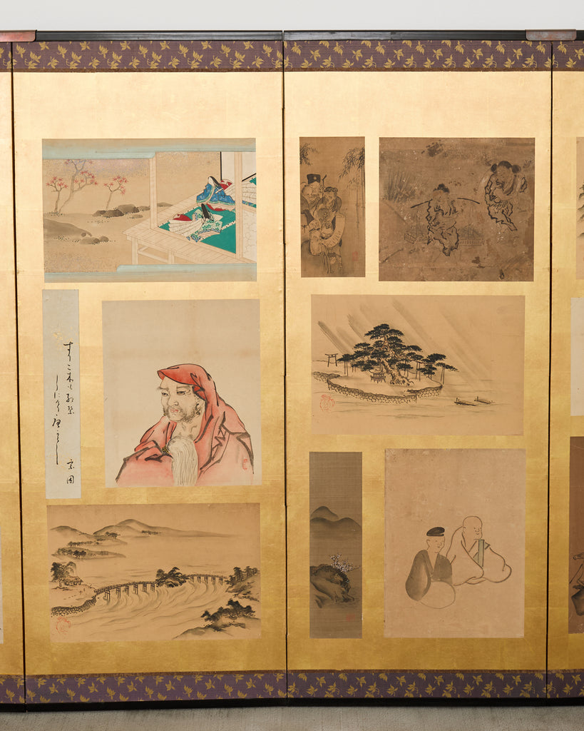 Pair Japanese Edo Six Panel Harimaze Decoupage Screens