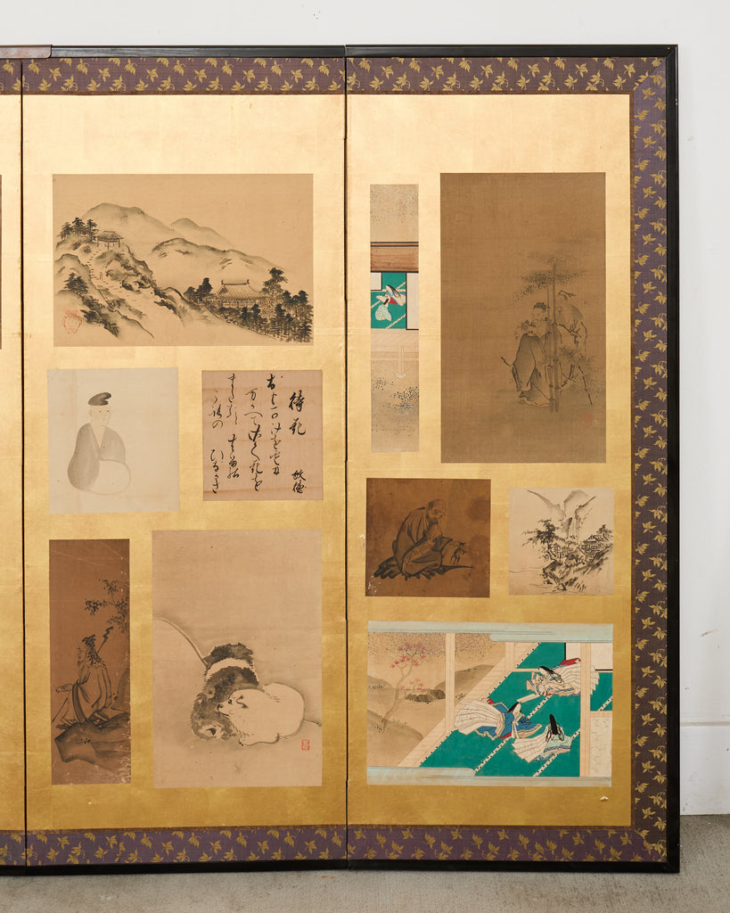 Pair Japanese Edo Six Panel Harimaze Decoupage Screens