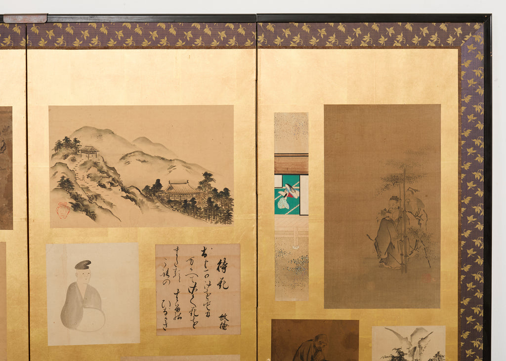 Pair Japanese Edo Six Panel Harimaze Decoupage Screens