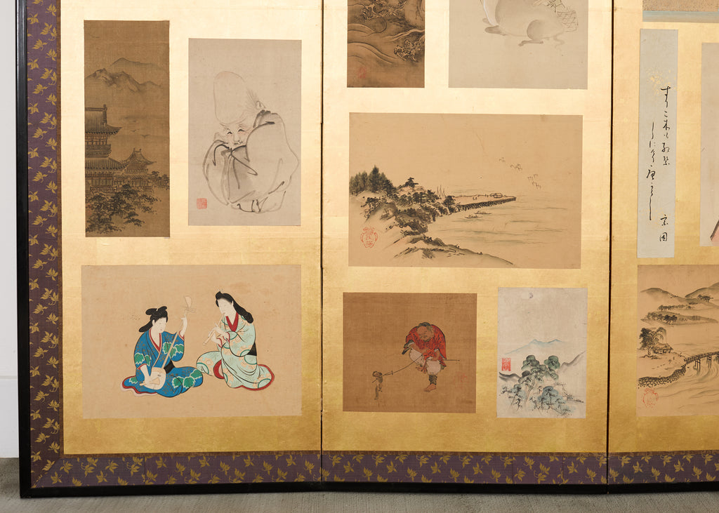 Pair Japanese Edo Six Panel Harimaze Decoupage Screens