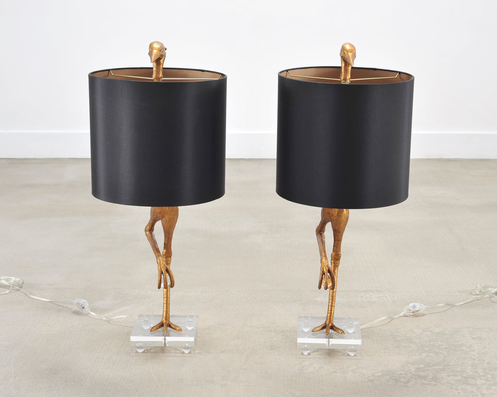 Pair of Gilt Resin and Lucite Ibis Table Lamps by Cyan Design
