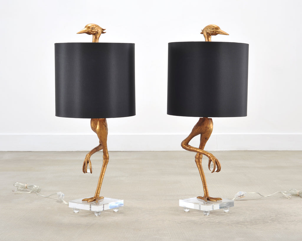 Pair of Gilt Resin and Lucite Ibis Table Lamps by Cyan Design