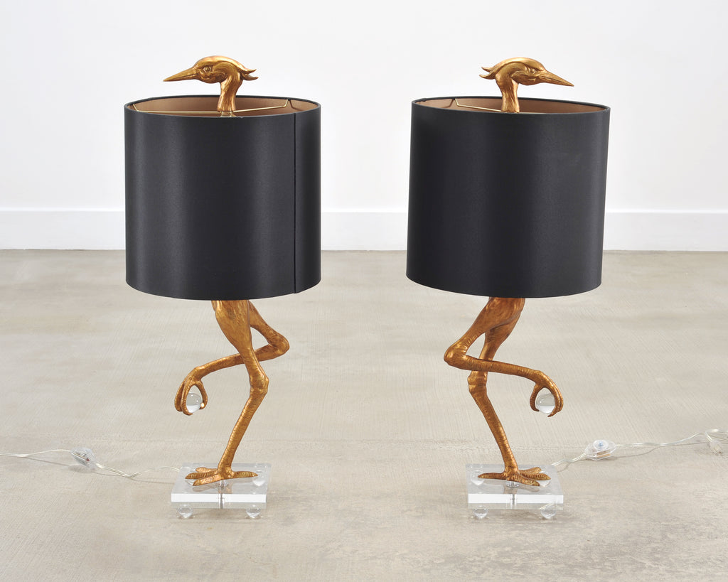 Pair of Gilt Resin and Lucite Ibis Table Lamps by Cyan Design