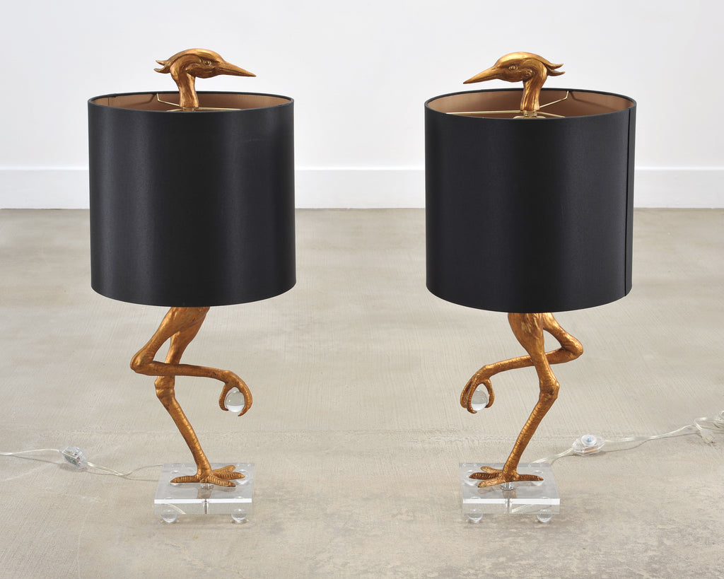 Pair of Gilt Resin and Lucite Ibis Table Lamps by Cyan Design