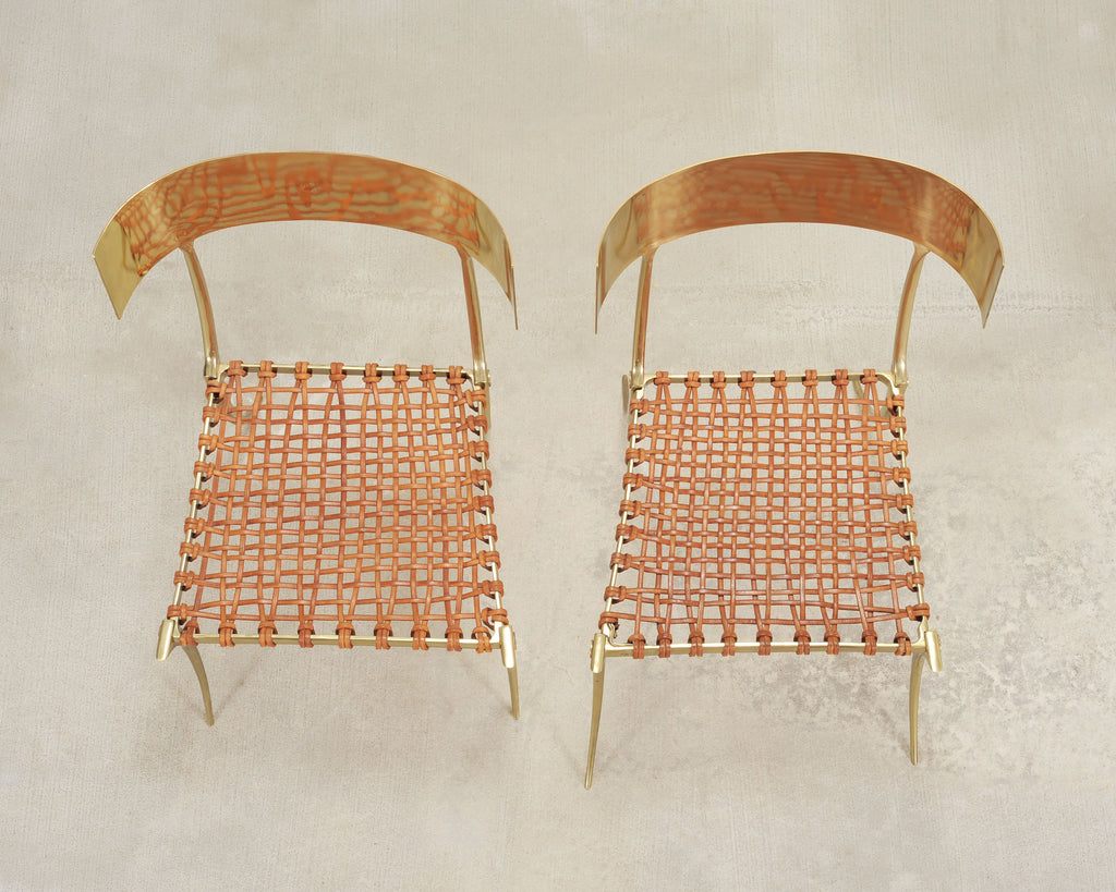 Pair of Brass Leather Strap Klismos Chairs by Sylvan S. F.