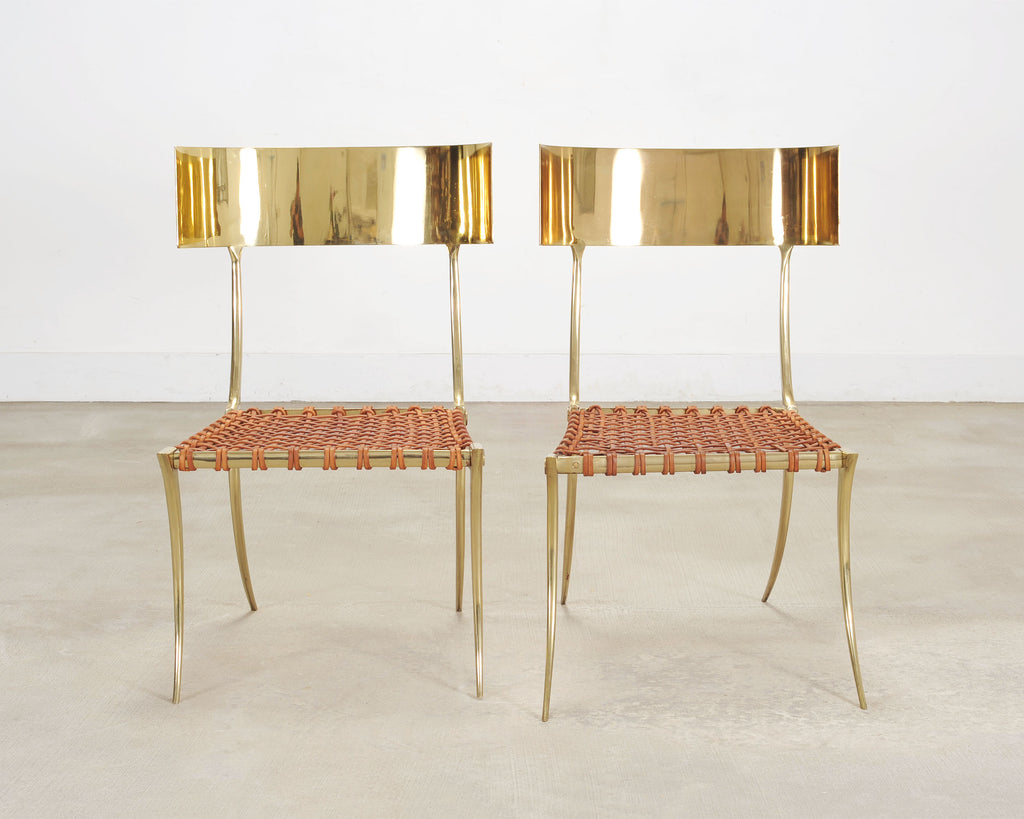 Pair of Brass Leather Strap Klismos Chairs by Sylvan S. F.