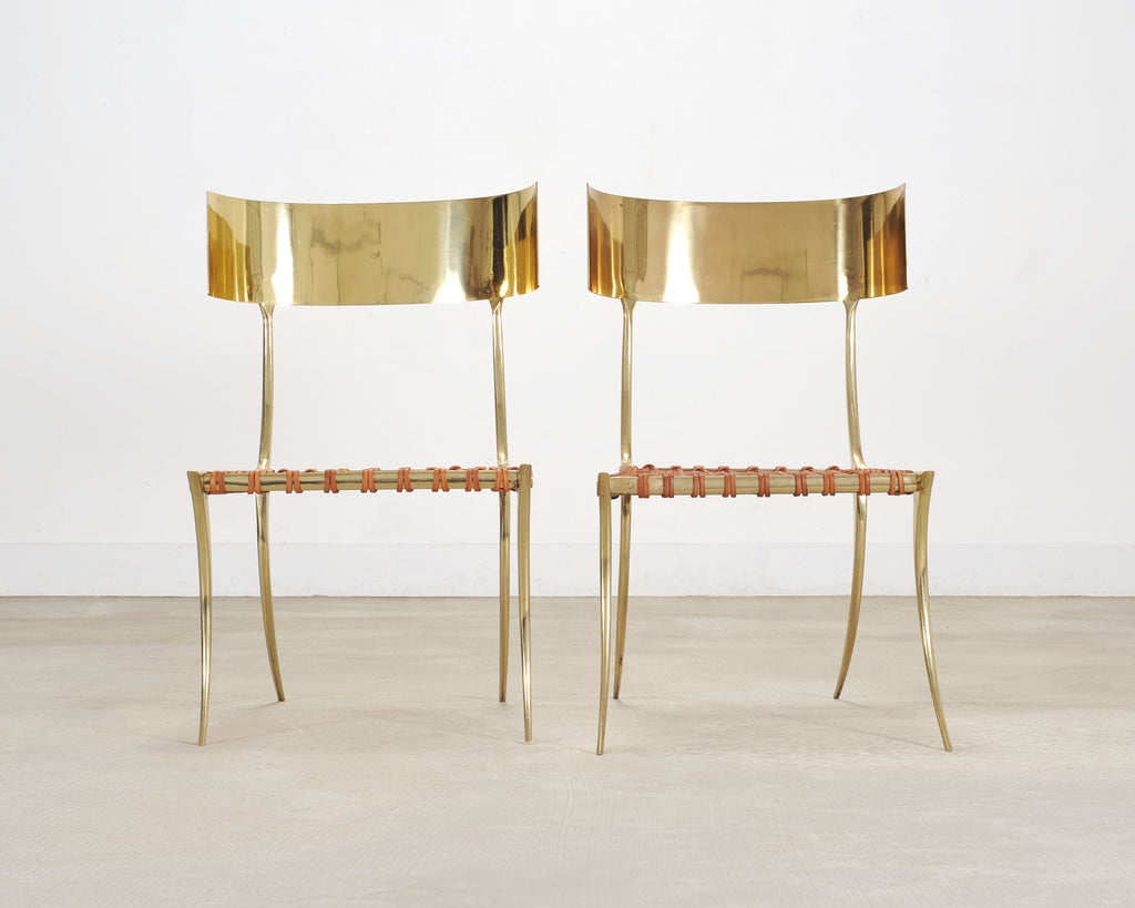 Pair of Brass Leather Strap Klismos Chairs by Sylvan S. F.