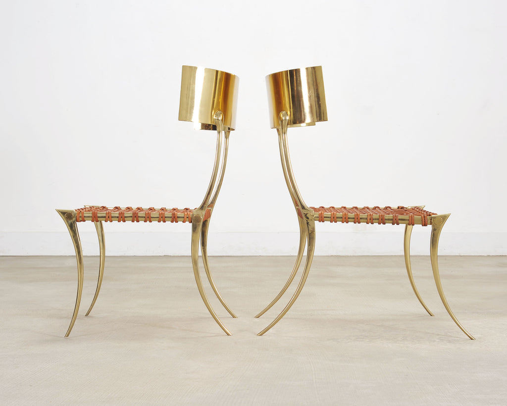 Pair of Brass Leather Strap Klismos Chairs by Sylvan S. F.