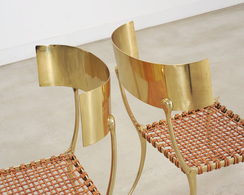 Pair of Brass Leather Strap Klismos Chairs by Sylvan S. F.