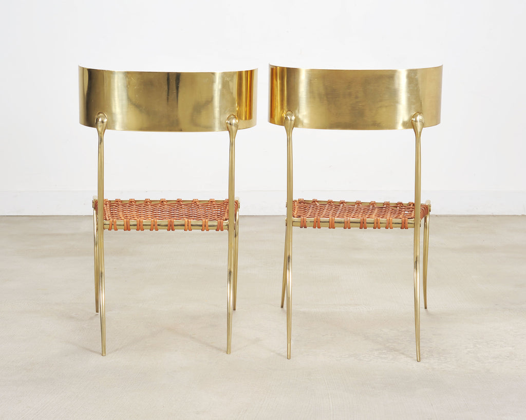 Pair of Brass Leather Strap Klismos Chairs by Sylvan S. F.