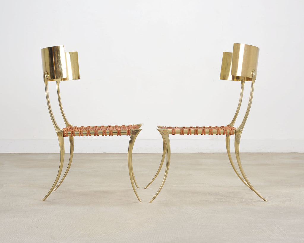 Pair of Brass Leather Strap Klismos Chairs by Sylvan S. F.