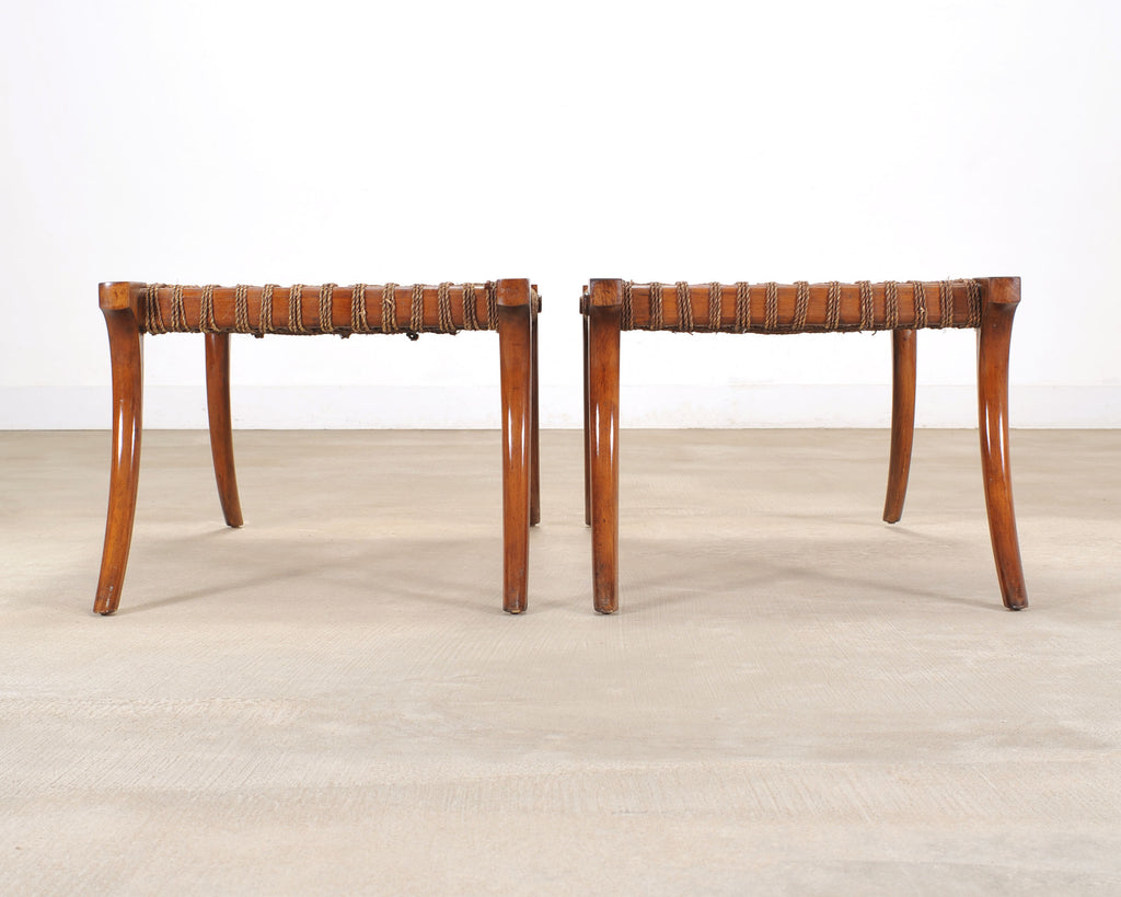 Pair of Robsjohn-Gibbings Style Walnut Klismos Rope Benches