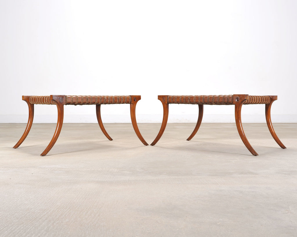 Pair of Robsjohn-Gibbings Style Walnut Klismos Rope Benches