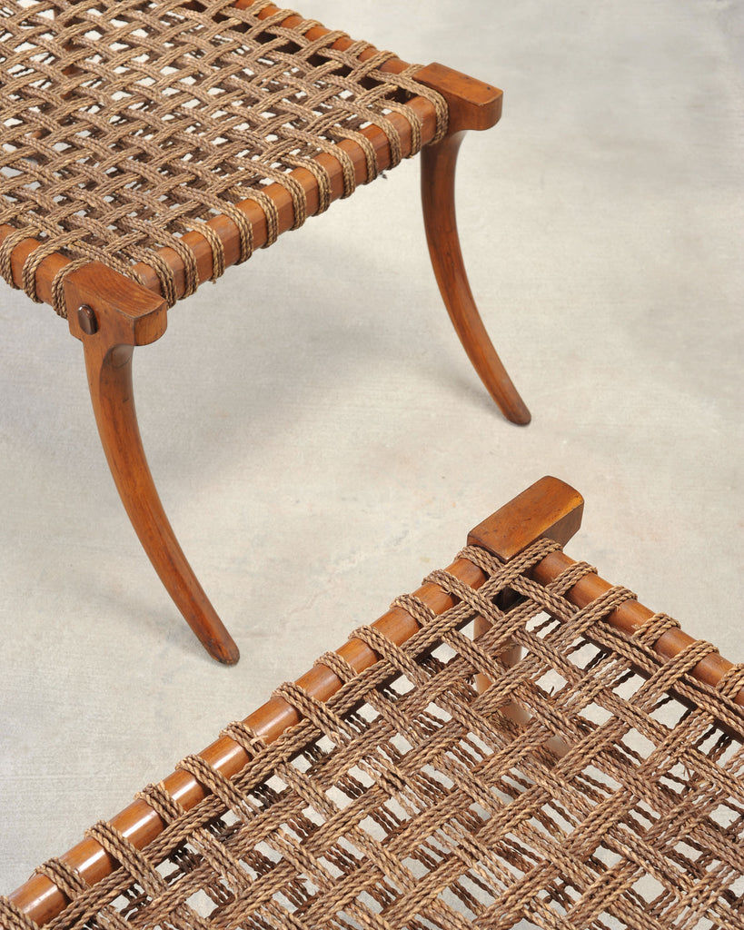 Pair of Robsjohn-Gibbings Style Walnut Klismos Rope Benches