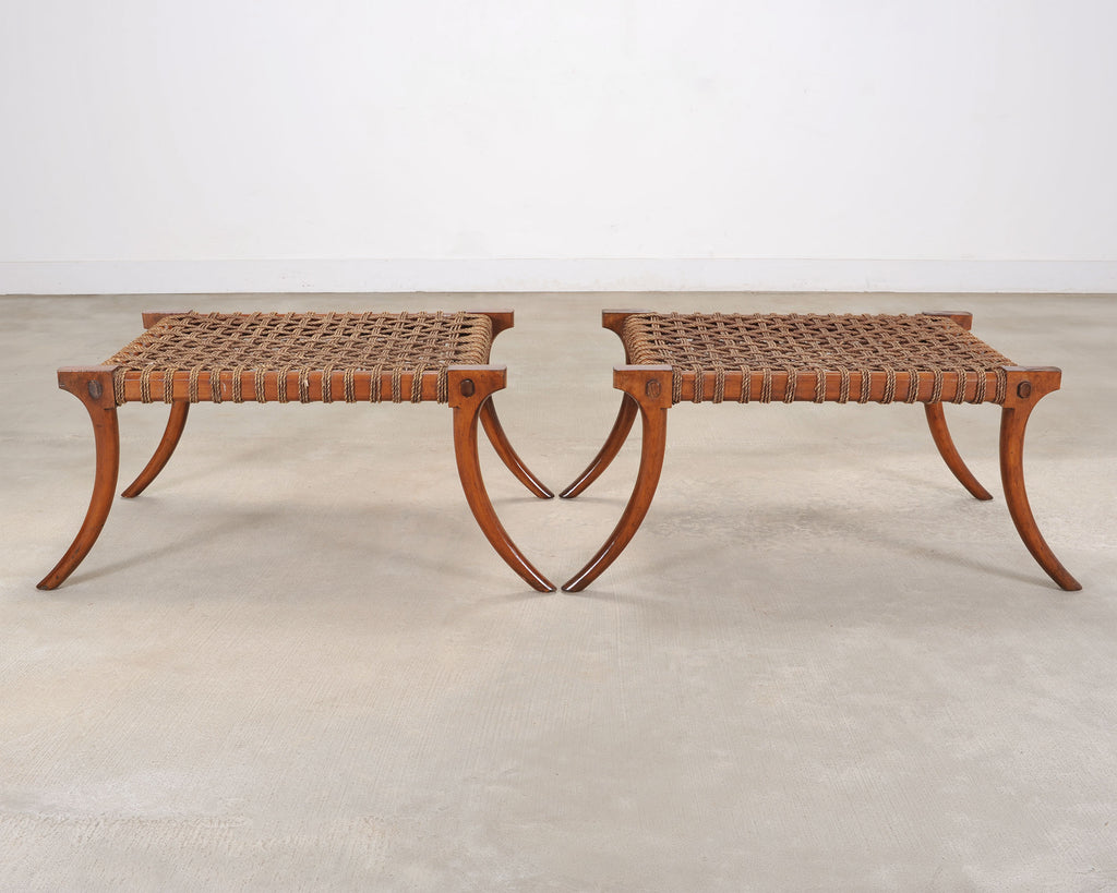 Pair of Robsjohn-Gibbings Style Walnut Klismos Rope Benches