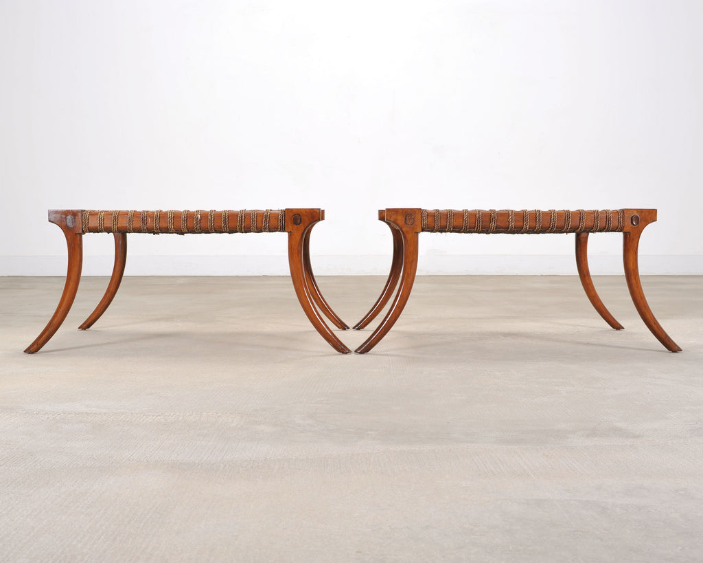 Pair of Robsjohn-Gibbings Style Walnut Klismos Rope Benches