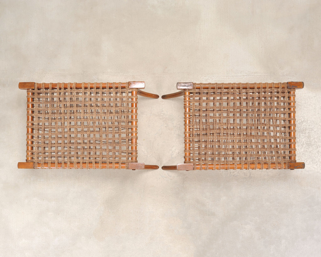 Pair of Robsjohn-Gibbings Style Walnut Klismos Rope Benches