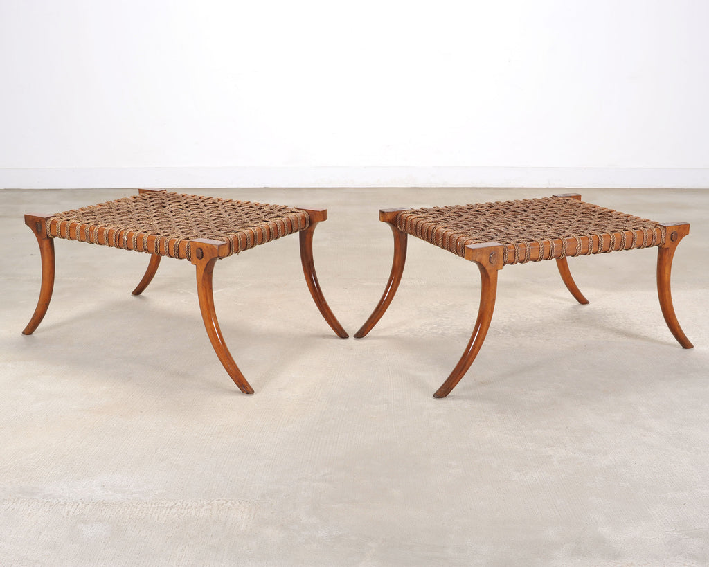 Pair of Robsjohn-Gibbings Style Walnut Klismos Rope Benches