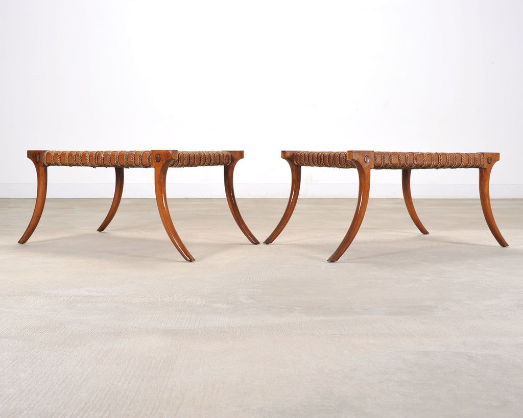 Pair of Robsjohn-Gibbings Style Walnut Klismos Rope Benches