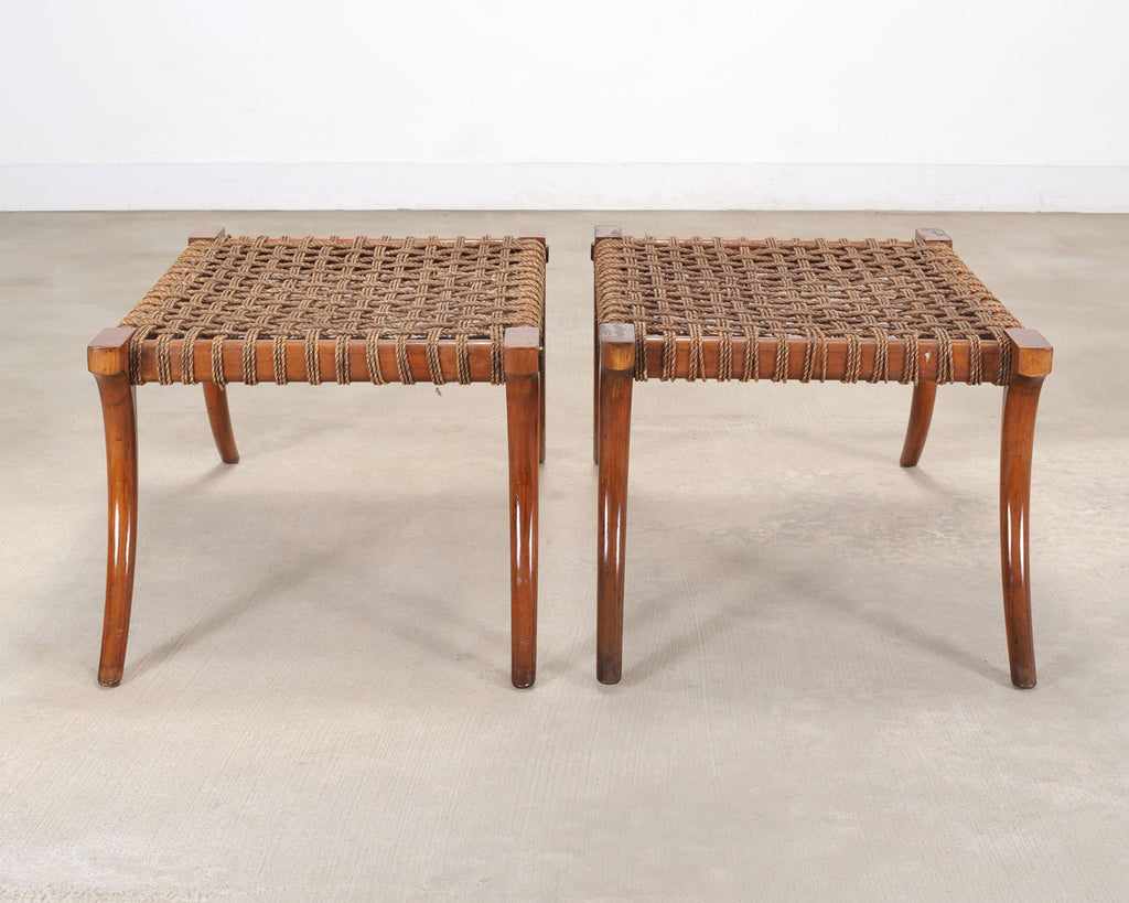 Pair of Robsjohn-Gibbings Style Walnut Klismos Rope Benches