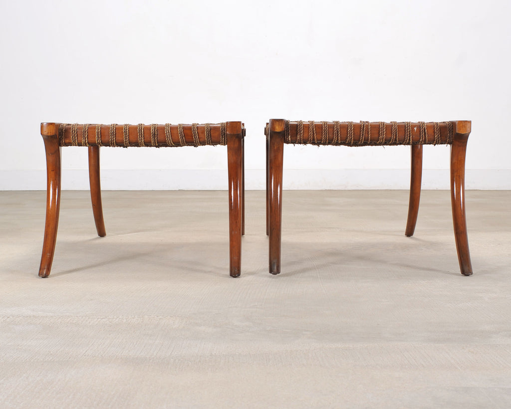 Pair of Robsjohn-Gibbings Style Walnut Klismos Rope Benches
