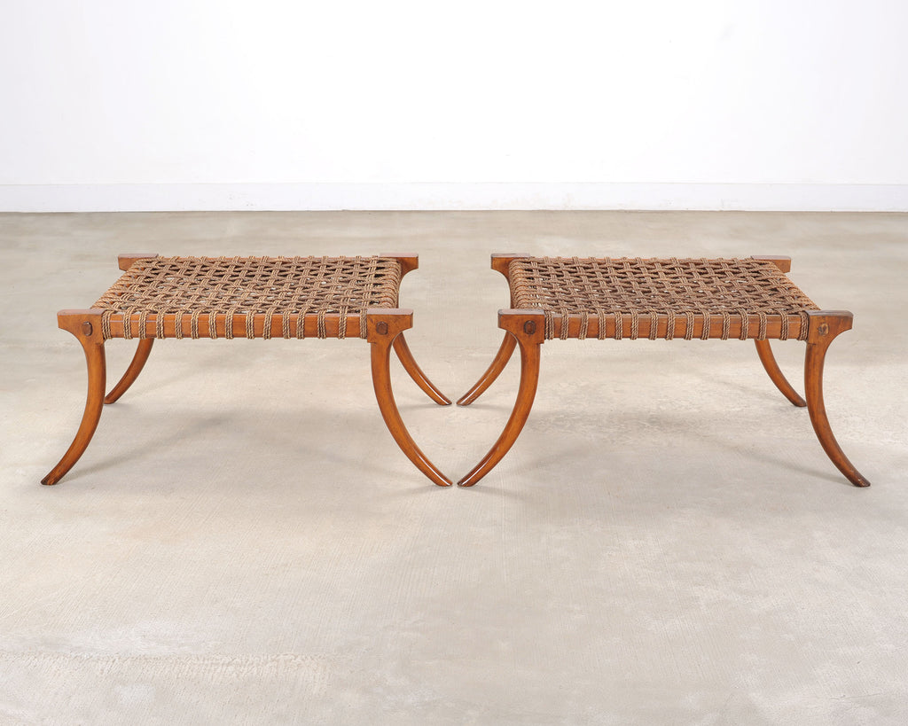 Pair of Robsjohn-Gibbings Style Walnut Klismos Rope Benches