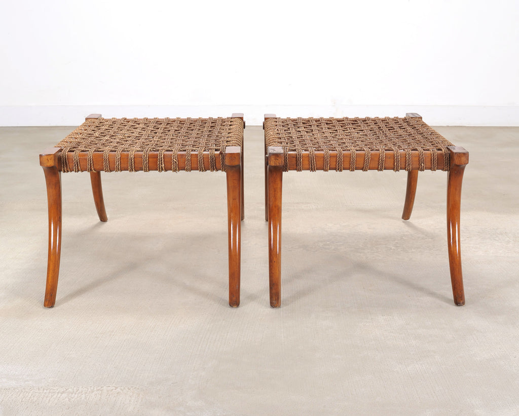 Pair of Robsjohn-Gibbings Style Walnut Klismos Rope Benches