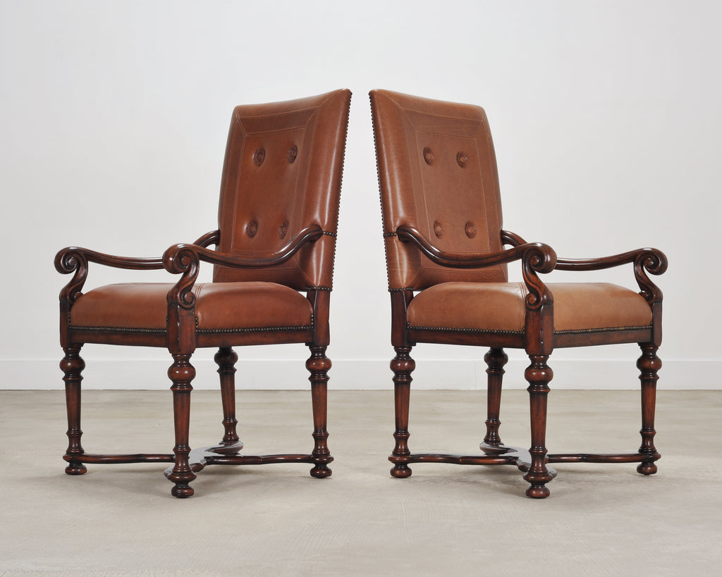 Pair of Louis XIII Baroque Style Mahogany Leather Armchairs