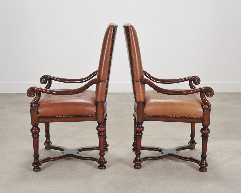 Pair of Louis XIII Baroque Style Mahogany Leather Armchairs