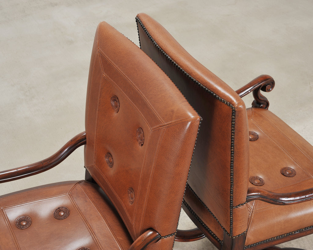 Pair of Louis XIII Baroque Style Mahogany Leather Armchairs