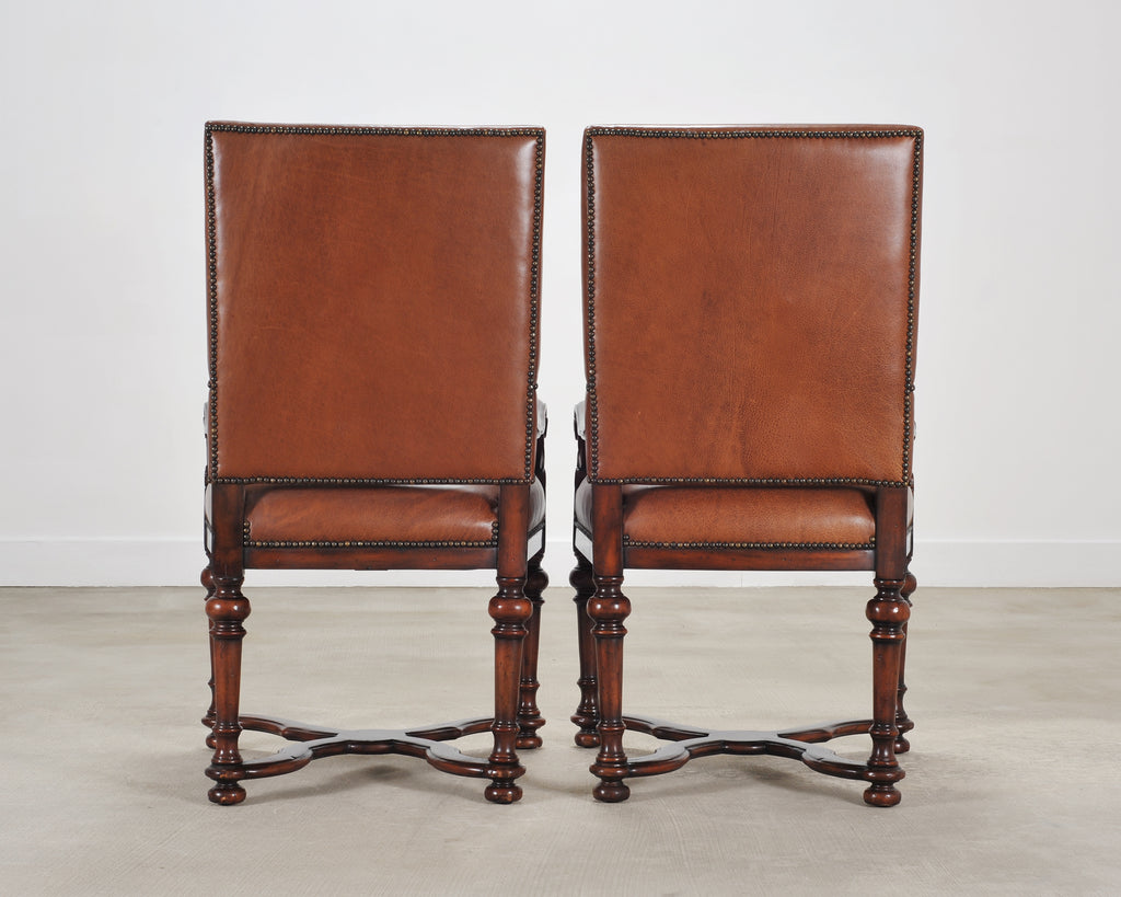 Pair of Louis XIII Baroque Style Mahogany Leather Armchairs
