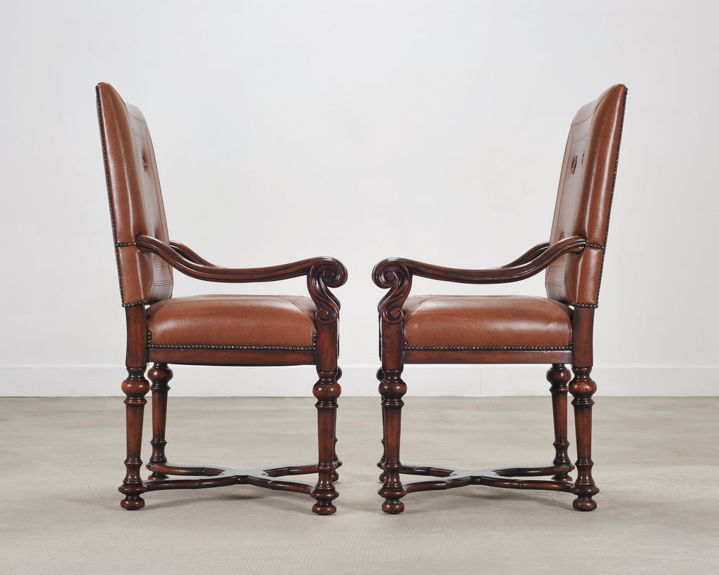 Pair of Louis XIII Baroque Style Mahogany Leather Armchairs