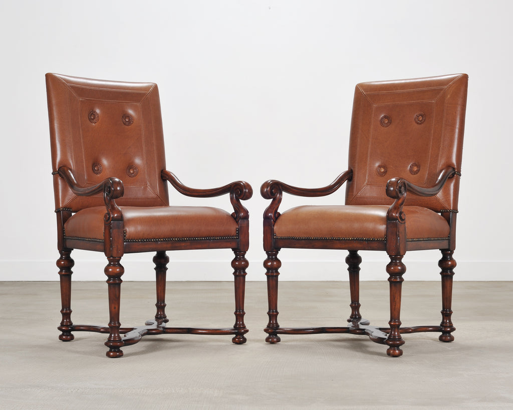 Pair of Louis XIII Baroque Style Mahogany Leather Armchairs