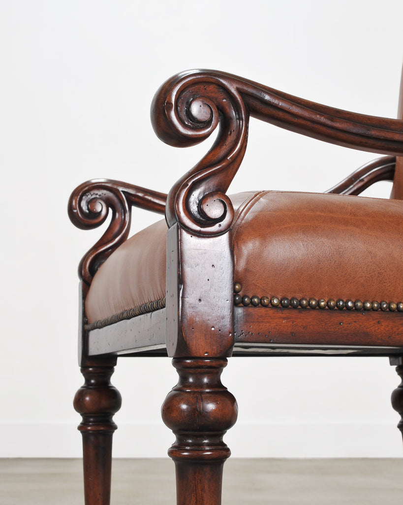 Pair of Louis XIII Baroque Style Mahogany Leather Armchairs