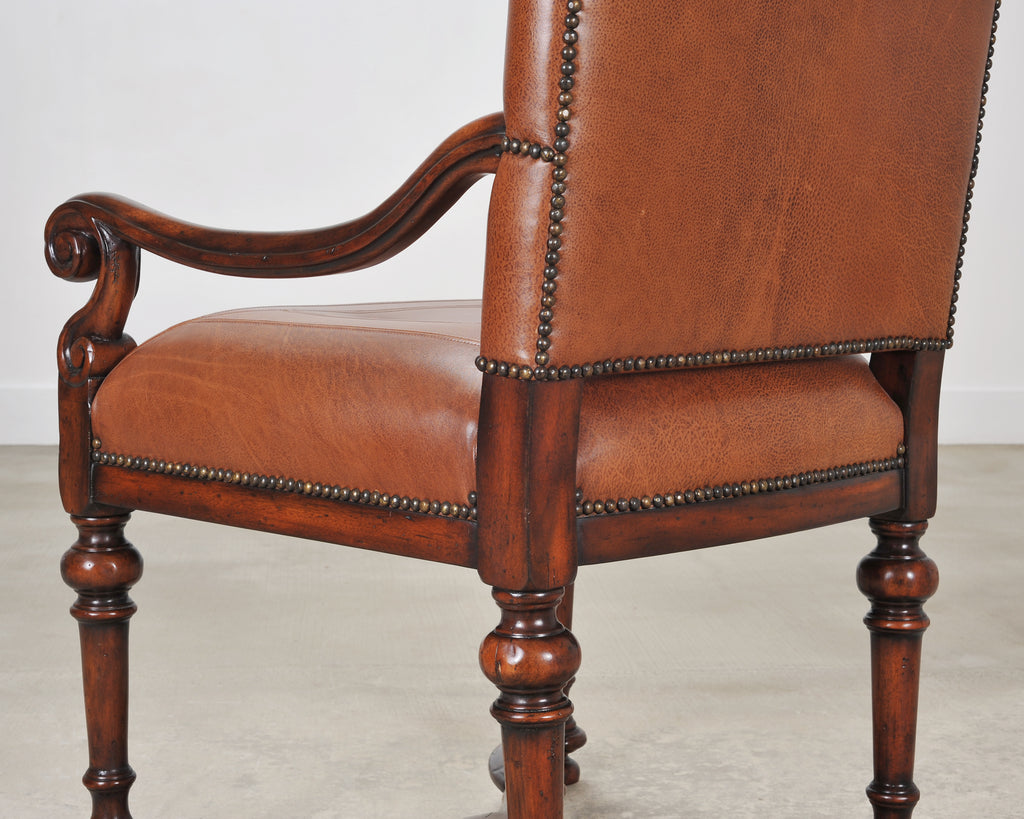 Pair of Louis XIII Baroque Style Mahogany Leather Armchairs