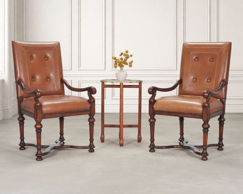 Pair of Louis XIII Baroque Style Mahogany Leather Armchairs