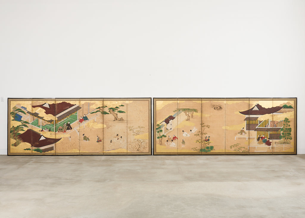 Pair Japanese Edo Six Panel Screens Legend of Minamoto