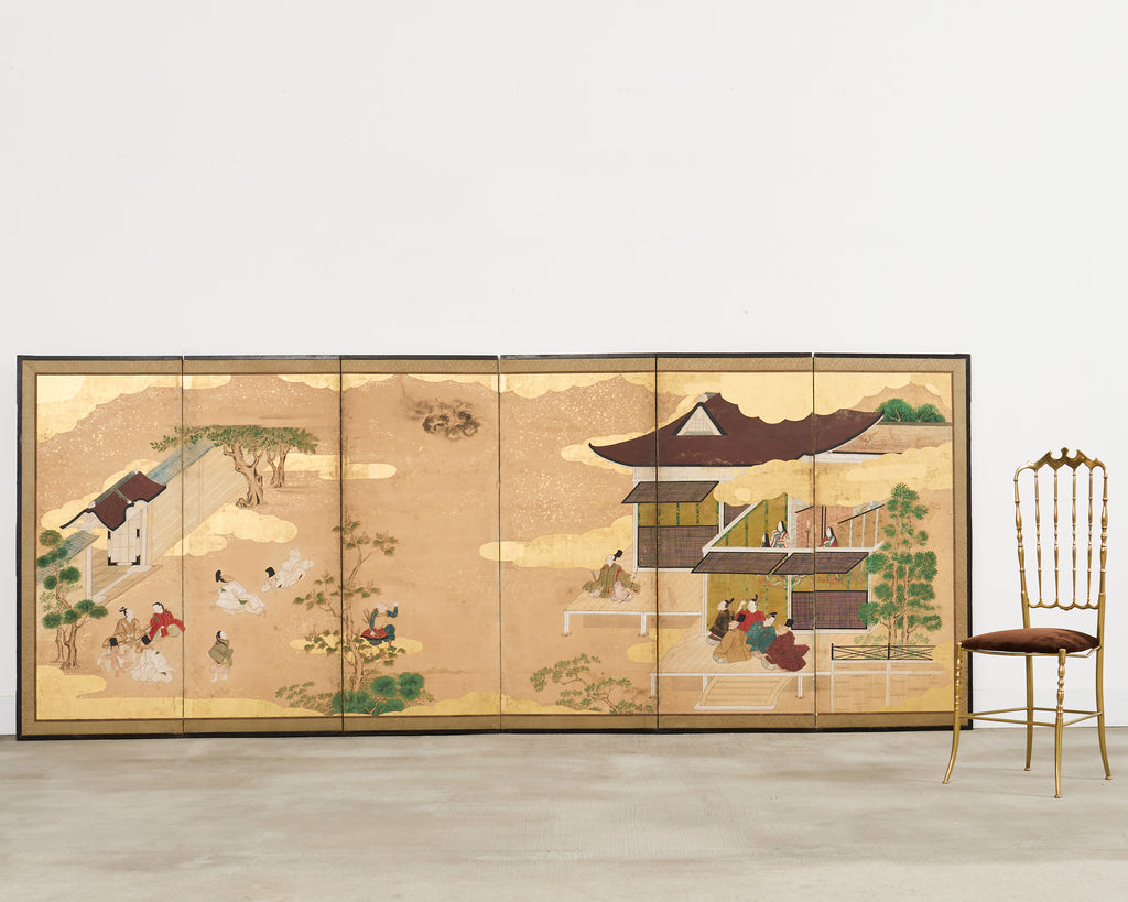 Pair Japanese Edo Six Panel Screens Legend of Minamoto