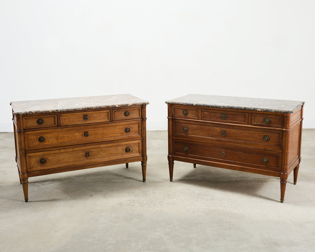 Pair of Louis XVI Style Marble Top Commodes Chest of Drawers