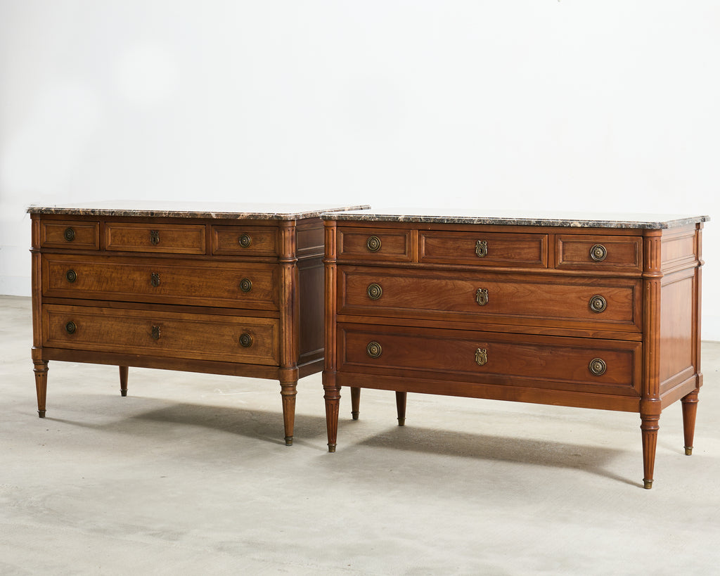 Pair of Louis XVI Style Marble Top Commodes Chest of Drawers