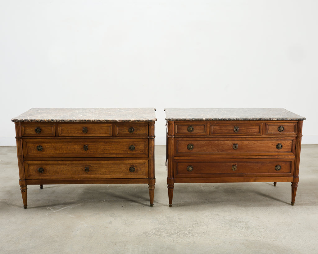Pair of Louis XVI Style Marble Top Commodes Chest of Drawers