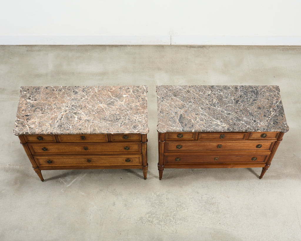 Pair of Louis XVI Style Marble Top Commodes Chest of Drawers
