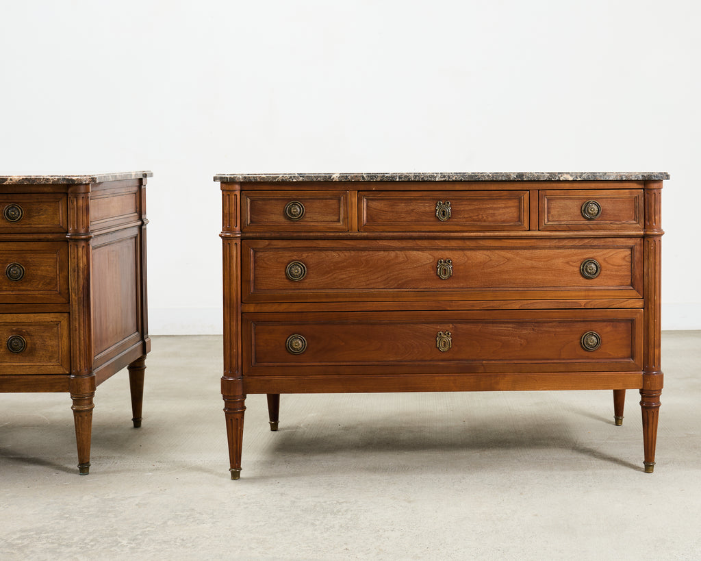 Pair of Louis XVI Style Marble Top Commodes Chest of Drawers