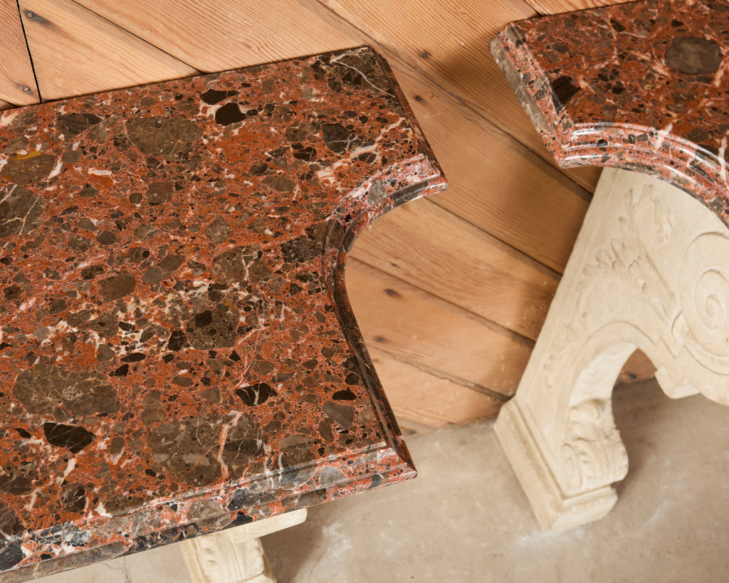 Pair of Dennis and Leen Hadrian Stone Marble Top Wall Consoles