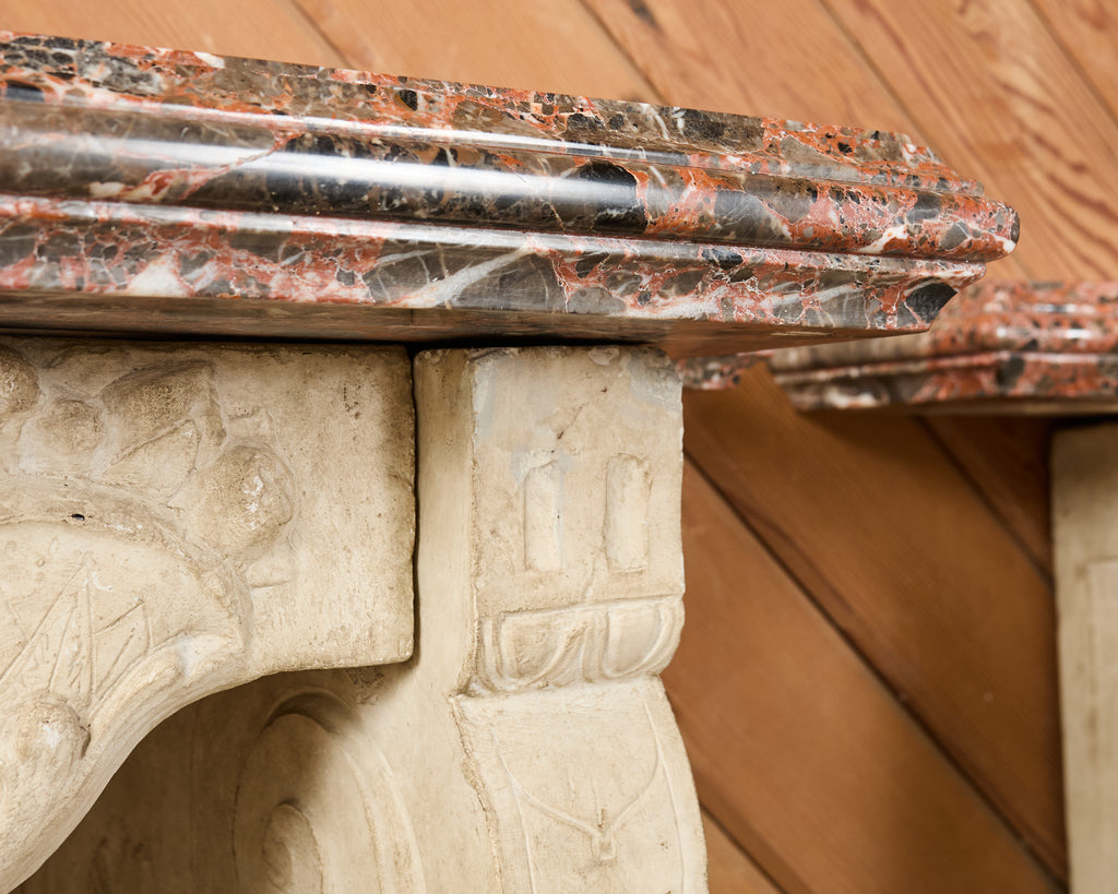 Pair of Dennis and Leen Hadrian Stone Marble Top Wall Consoles